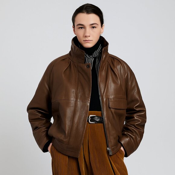 Proenza Schouler Roll Collar Brown Leather Jacket | Size 2 | NWT Color Variation - Picture 1 of 16